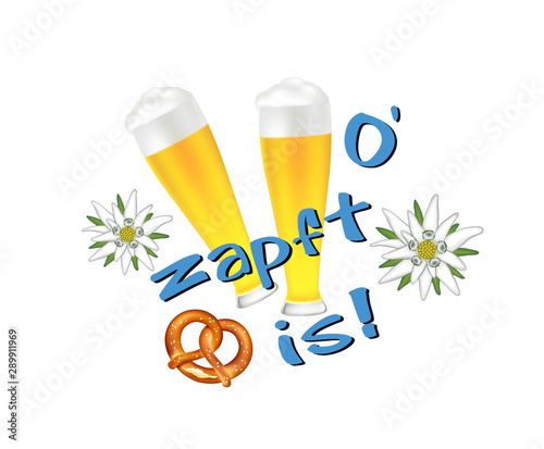 Karte mit Bier, Brezel, Edelweiss und Text „O’ zapft is“ in deutsch zum Oktoberfest, Vektor Illustration isoliert auf weißem Hintergrund