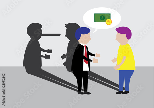Vector Cartoon of Businessmen Talking with Other Man with Shadow of Pinocchio Long Nose