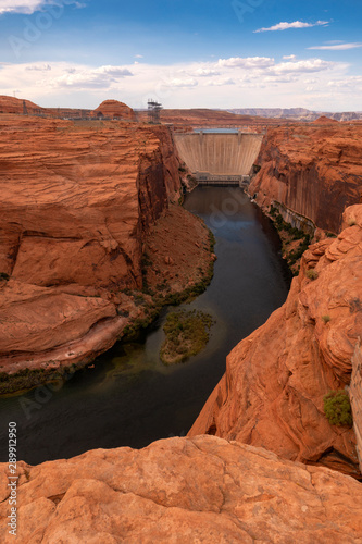 Textured Sandstone Frames the Dam at Lake Powell on the Colorado River