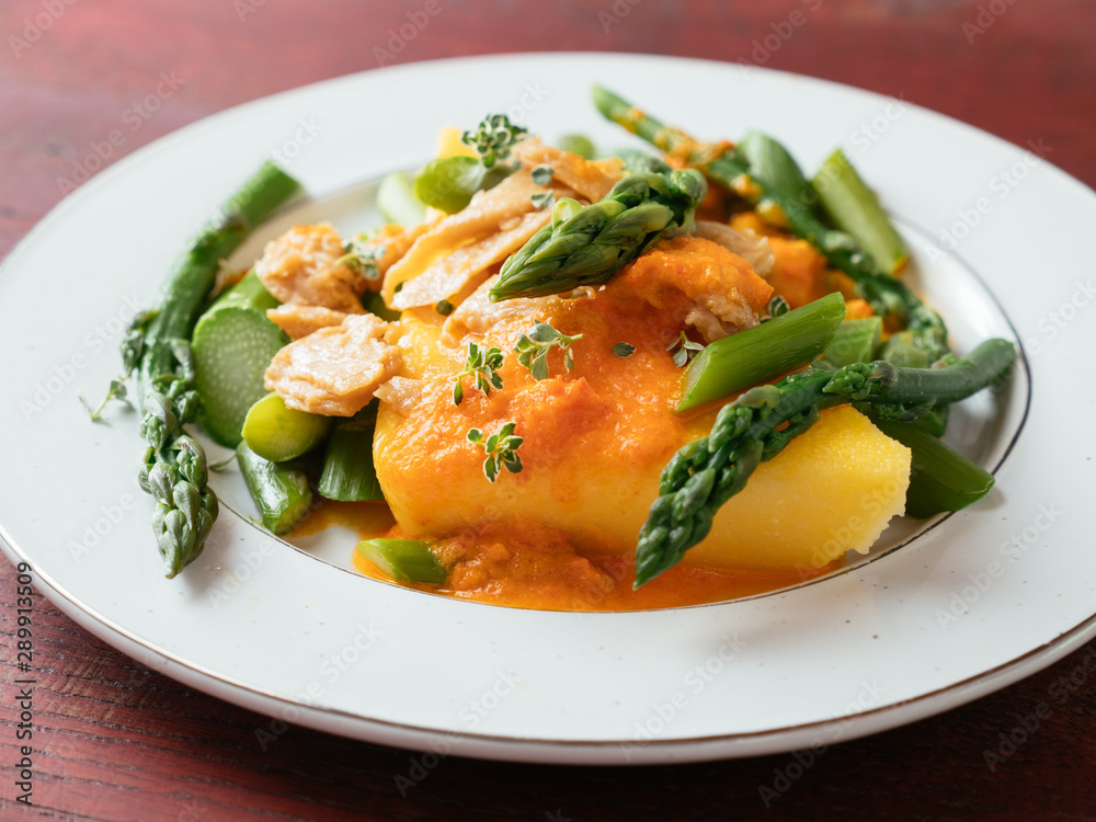 Polenta with Asparagus, Vegan Chickun and a Creamy Bell Pepper Sauce Polenta with Asparagus, Vegan Chickun and a Creamy Bell Pepper Sauce