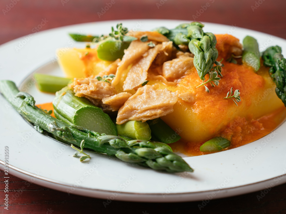 Polenta with Asparagus, Vegan Chickun and a Creamy Bell Pepper Sauce