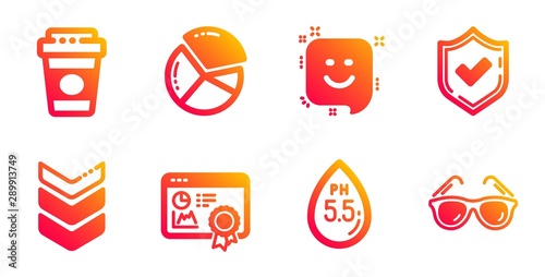 Shoulder strap, Smile and Pie chart line icons set. Confirmed, Seo certificate and Ph neutral signs. Takeaway coffee, Sunglasses symbols. Army rank, Positive feedback. Business set. Vector