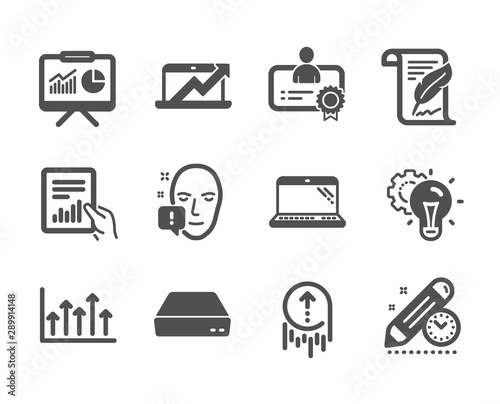 Set of Science icons, such as Presentation, Certificate, Feather, Laptop, Mini pc, Swipe up, Sales diagram, Growth chart, Document, Face attention, Idea gear, Project deadline. Vector