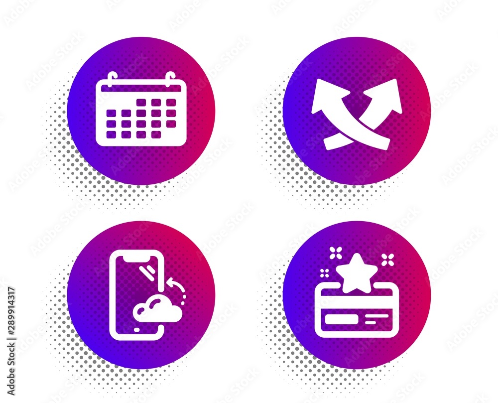 Smartphone cloud, Calendar and Intersection arrows icons simple set. Halftone dots button. Loyalty card sign. Phone backup, Business audit, Exchange. Bonus points. Business set. Vector Smartphone cloud, Calendar and Intersection arrows icons simple set. Halftone dots button. Loyalty card sign. Phone backup, Business audit, Exchange. Bonus points. Business set. Vector
