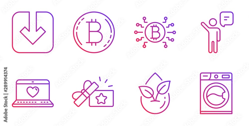 Web love, Loyalty gift and Bitcoin line icons set. Agent, Bitcoin system and Load document signs. Organic product, Washing machine symbols. Social network, Bonus award. Technology set. Vector Web love, Loyalty gift and Bitcoin line icons set. Agent, Bitcoin system and Load document signs. Organic product, Washing machine symbols. Social network, Bonus award. Technology set. Vector