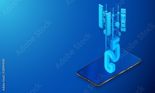 Logo 5G. The antenna of telecommunication on a smartphone. New innovative broadband data function.