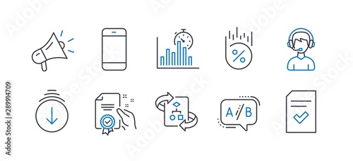 Set of Technology icons, such as Scroll down, Smartphone, Certificate, Ab testing, Megaphone, Report timer, Loan percent, Technical algorithm, Consultant, Checked file line icons. Vector