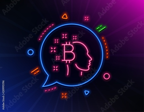 Bitcoin think line icon. Neon laser lights. Cryptocurrency head sign. Crypto money symbol. Glow laser speech bubble. Neon lights chat bubble. Banner badge with bitcoin think icon. Vector
