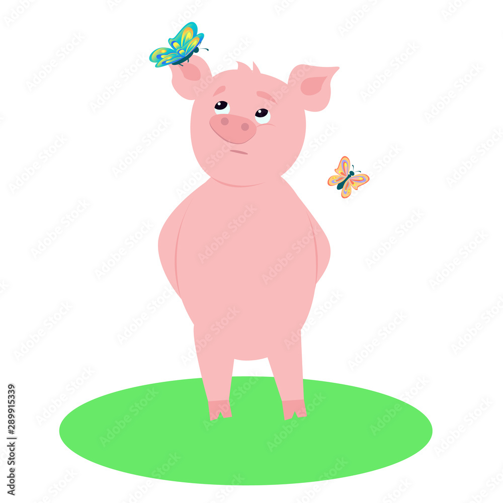 funny little pig on a walk, butterflies, vector illustration funny little pig on a walk, butterflies, vector illustration