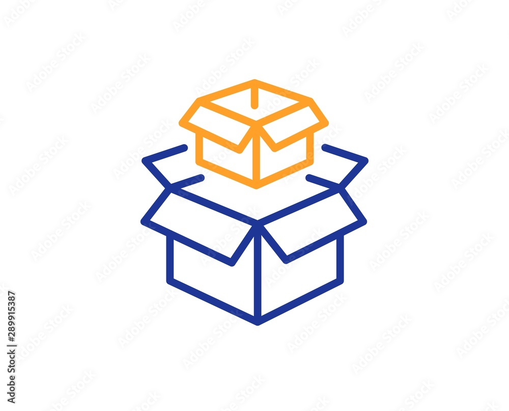 Delivery parcel sign. Packing boxes line icon. Cargo box symbol. Colorful outline concept. Blue and orange thin line packing boxes icon. Vector Delivery parcel sign. Packing boxes line icon. Cargo box symbol. Colorful outline concept. Blue and orange thin line packing boxes icon. Vector