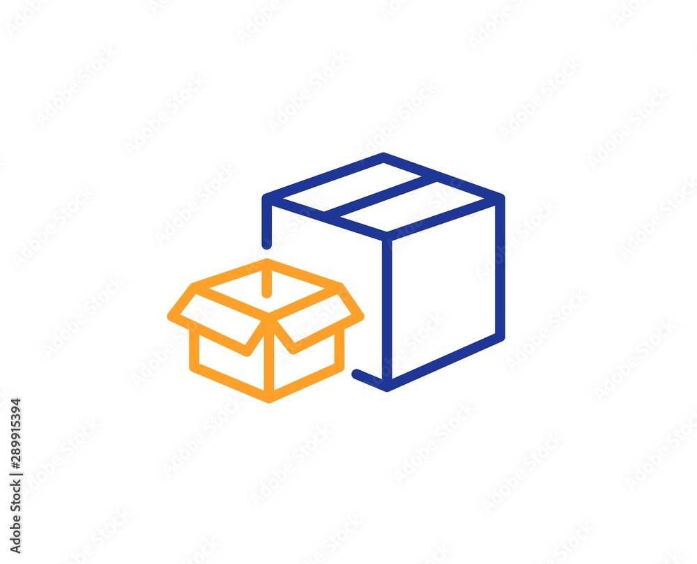 Delivery parcel sign. Packing boxes line icon. Cargo box symbol. Colorful outline concept. Blue and orange thin line packing boxes icon. Vector Delivery parcel sign. Packing boxes line icon. Cargo box symbol. Colorful outline concept. Blue and orange thin line packing boxes icon. Vector