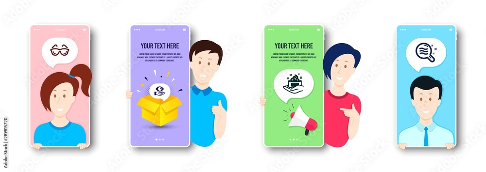 Eyeglasses, Health eye and Skin care icons simple set. People on phone screen. Skin condition sign. Optometry, Hand cream, Search magnifier. Medical set. People chatting cartoon badge. Vector