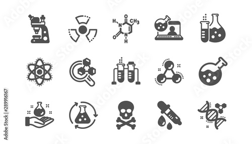 Chemistry lab icons. Chemical formula, Microscope and Medical analysis. Laboratory test flask, reaction tube, chemistry lab icons. Classic set. Quality set. Vector