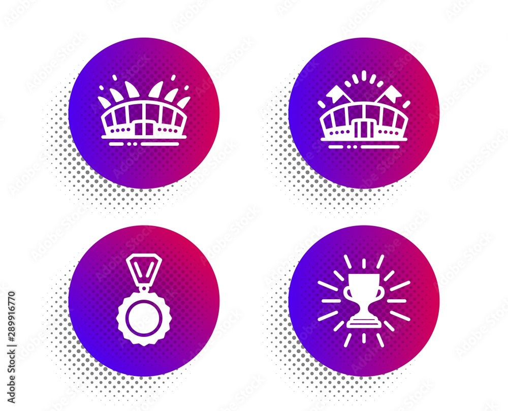 Sports arena, Medal and Arena stadium icons simple set. Halftone dots button. Trophy sign. Event stadium, Winner, Sport complex. Winner cup. Sports set. Classic flat sports arena icon. Vector Sports arena, Medal and Arena stadium icons simple set. Halftone dots button. Trophy sign. Event stadium, Winner, Sport complex. Winner cup. Sports set. Classic flat sports arena icon. Vector