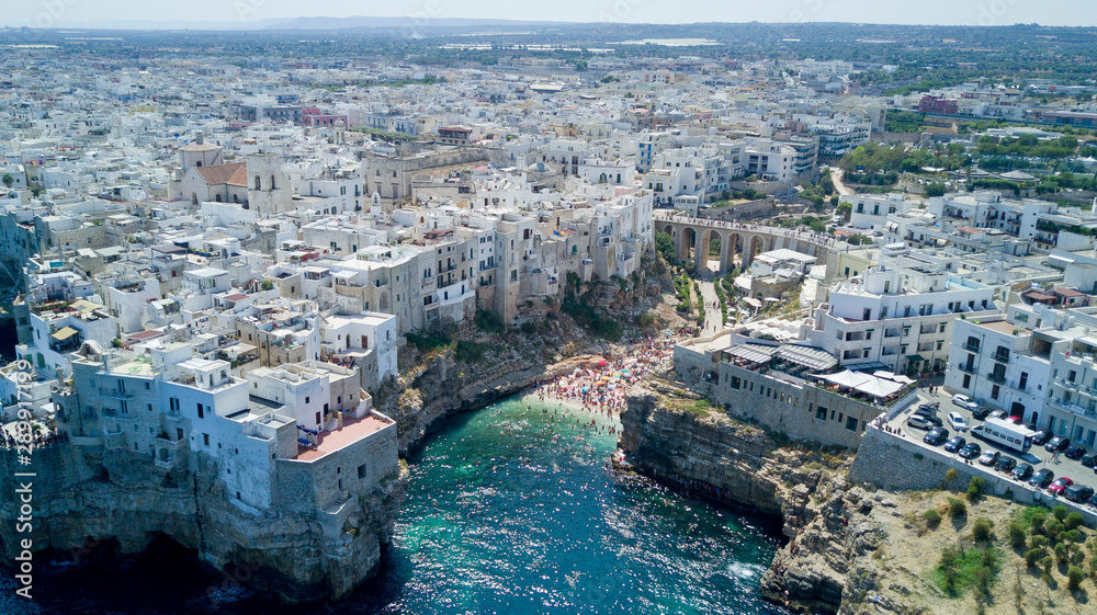 Aerial photo shooting with drone on Polignano a Mare, famous Salento city on the Mediterranean sea