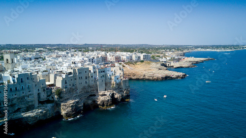 Aerial photo shooting with drone on Polignano a Mare, famous Salento city on the Mediterranean sea