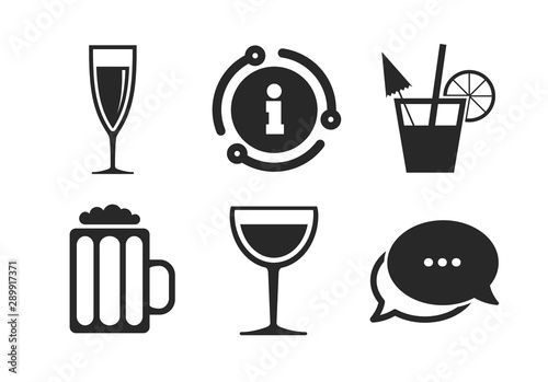Champagne sparkling wine and beer symbols. Chat, info sign. Alcoholic drinks icons. Wine glass and cocktail signs. Classic style speech bubble icon. Vector