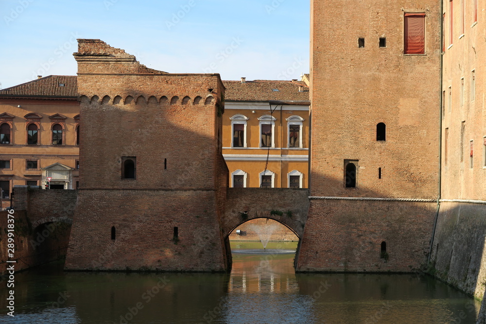 Detail of Castello Estense castle in Ferrara in Italy