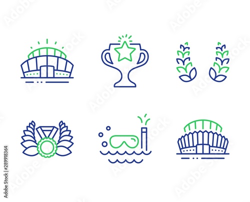 Laurel wreath, Laureate medal and Arena stadium line icons set. Victory, Scuba diving and Sports stadium signs. Laureate reward, Laurel wreath, Sport complex. Championship prize. Sports set. Vector