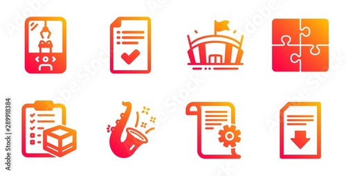 Jazz, Parcel checklist and Approved checklist line icons set. Puzzle, Crane claw machine and Technical documentation signs. Arena, Download file symbols. Saxophone, Logistics check. Vector