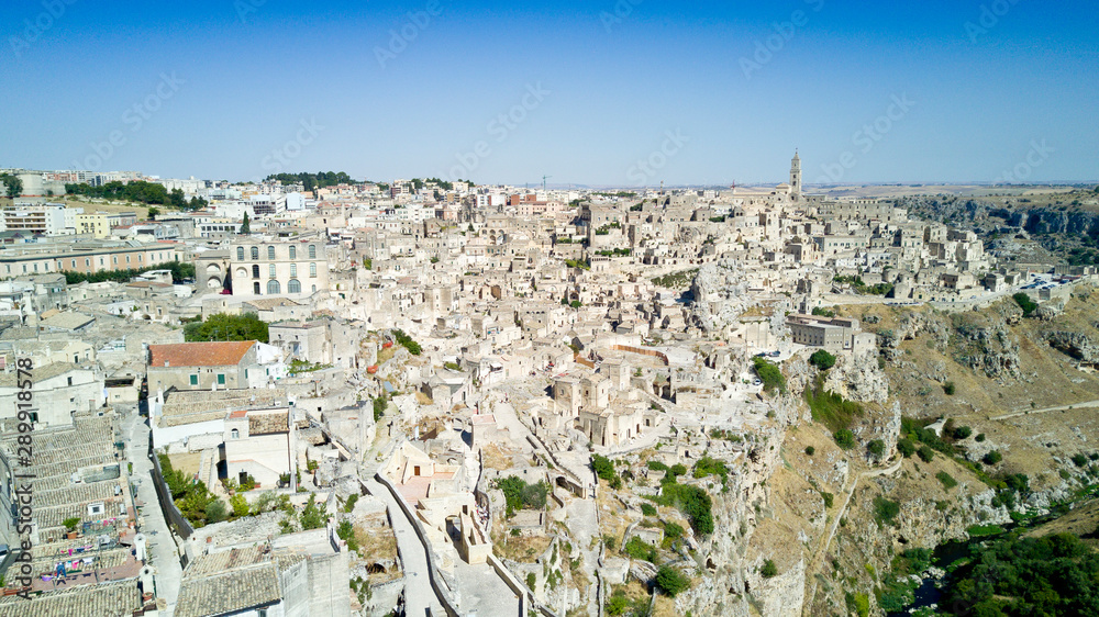 Aerial photo shooting with drone of Matera, a famous Italy town for houses of stones, is one of the Italian sites inscribed in the UNESCO World Heritage List