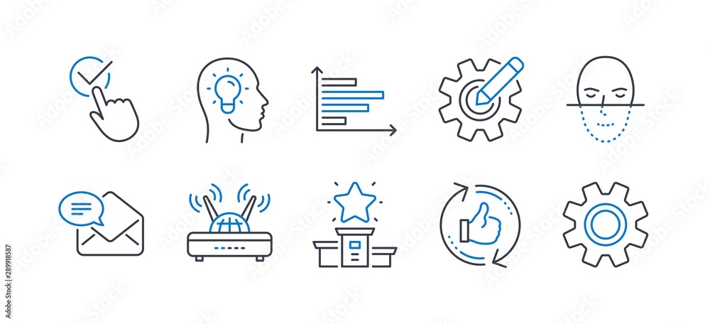 Set of Technology icons, such as Cogwheel, Wifi, Winner podium, New mail, Refresh like, Face recognition, Horizontal chart, Idea head, Checkbox, Service line icons. Line cogwheel icon. Vector Set of Technology icons, such as Cogwheel, Wifi, Winner podium, New mail, Refresh like, Face recognition, Horizontal chart, Idea head, Checkbox, Service line icons. Line cogwheel icon. Vector
