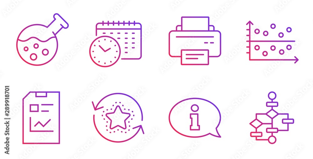 Chemistry lab, Printer and Information line icons set. Report document, Calendar time and Loyalty points signs. Dot plot, Block diagram symbols. Laboratory, Printing device. Technology set. Vector