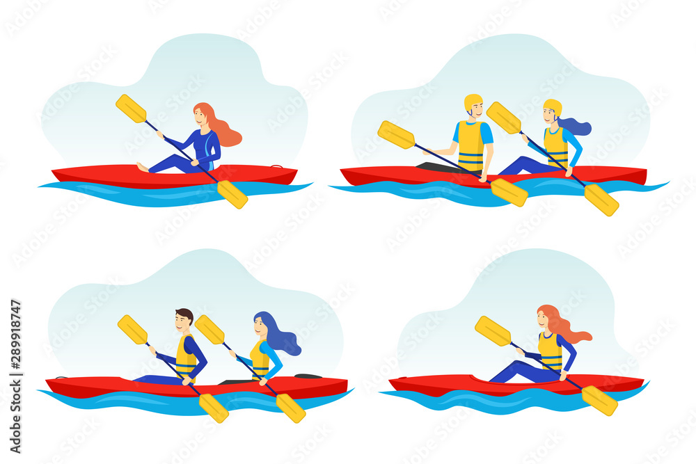 Cartoon Color Characters People and Extreme Water Sport Concept. Vector