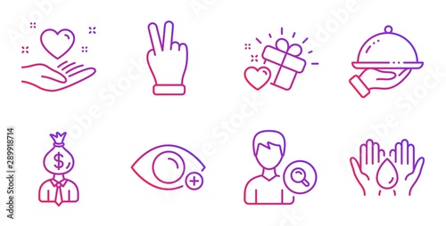Love gift, Victory hand and Restaurant food line icons set. Farsightedness, Manager and Search people signs. Hold heart, Safe water symbols. Heart, Gesture palm. People set. Vector