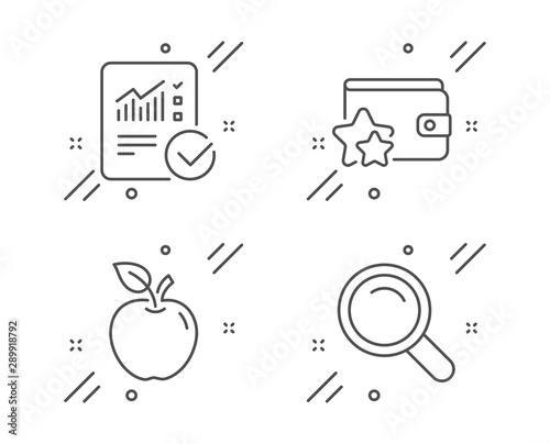 Loyalty program, Checked calculation and Apple line icons set. Search sign. Bonus wallet, Statistical data, Fruit. Magnifying glass. Business set. Line loyalty program outline icon. Vector