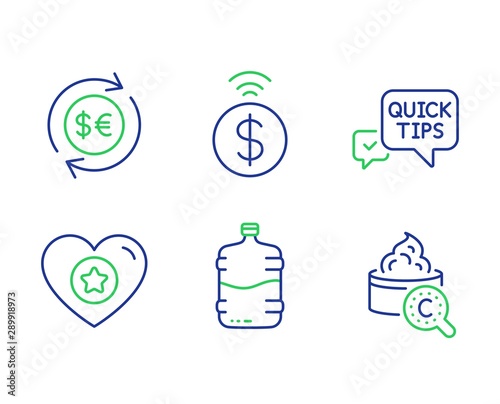 Quick tips, Cooler bottle and Contactless payment line icons set. Money currency, Heart and Collagen skin signs. Helpful tricks, Water drink, Financial payment. Cash change. Business set. Vector