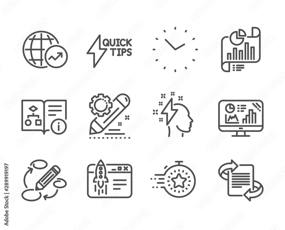 Fototapeta premium Set of Education icons, such as Marketing, Start business, World statistics, Technical algorithm, Quickstart guide, Report document, Project edit, Time, Analytics graph, Timer, Keywords. Vector