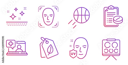Medical prescription, Basketball and Clean skin line icons set. Face detection, Bio tags and Uv protection signs. Medical help, Vision board symbols. Medicine drugs, Sport ball. Vector
