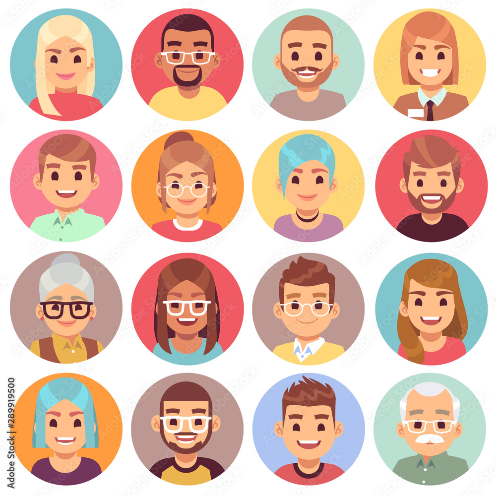 Cartoon avatars. People of different sexes, ages and races. Face avatars of multicultural characters portraits. Human heads vector set Cartoon avatars. People of different sexes, ages and races. Face avatars of multicultural characters portraits. Human heads vector set