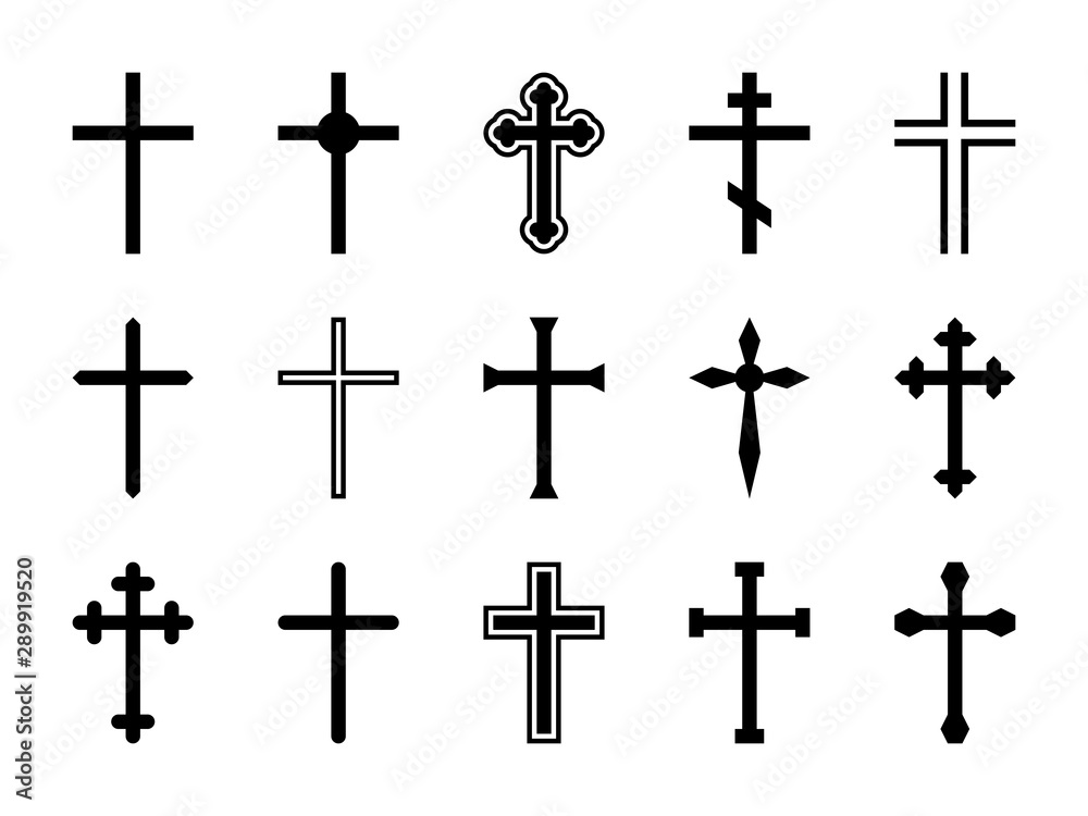 Christian cross. Jesus Christ crucifix, different shapes of orthodox and catalytic crosses religious silhouette signs vector set