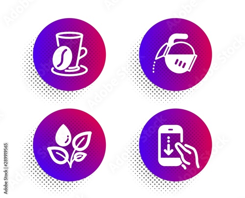 Coffee pot, Plants watering and Coffee cup icons simple set. Halftone dots button. Scroll down sign. Tea drink, Water drop, Latte drink. Swipe phone. Business set. Classic flat coffee pot icon. Vector