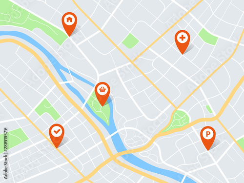 City map with pins. Town roads and residential blocks. Gps navigation route with pointers. Abstract urban travel vector background