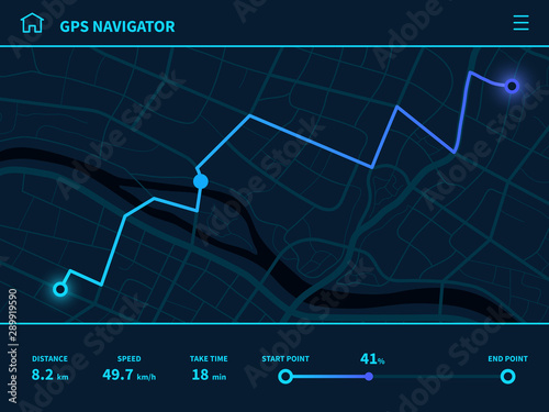 Route dashboard. Futuristic route UI, GPS tracking map navigator with city street, mobile interface mapping technology, vector design