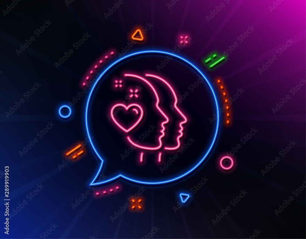 Heart line icon. Neon laser lights. Couple love emotion sign. Valentine day symbol. Glow laser speech bubble. Neon lights chat bubble. Banner badge with heart icon. Vector