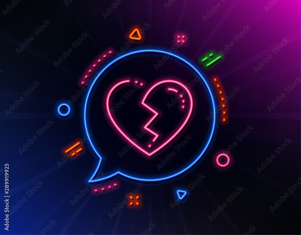 Broken heart line icon. Neon laser lights. Love crush sign. Divorce symbol. Glow laser speech bubble. Neon lights chat bubble. Banner badge with broken heart icon. Vector Broken heart line icon. Neon laser lights. Love crush sign. Divorce symbol. Glow laser speech bubble. Neon lights chat bubble. Banner badge with broken heart icon. Vector
