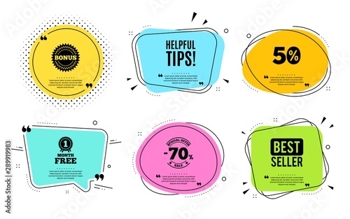 Helpful tips symbol. Best seller, quote text. Education faq sign. Help assistance. Quotation bubble. Banner badge, texting quote boxes. Helpful tips text. Coupon offer. Vector photo