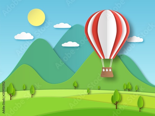 Hot air balloon paper. Origami art red flying baloon on background of mountain and trees cut vector illustration
