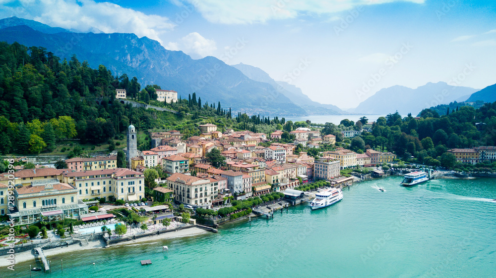 Aerial photo shooting with drone on Bellagio, famous Lombardia city on the Como Lario Lake