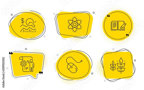 Check investment, Computer mouse and Gluten free signs. Chat bubbles. Chemistry atom, Settings blueprint and Feedback line icons set. Vector