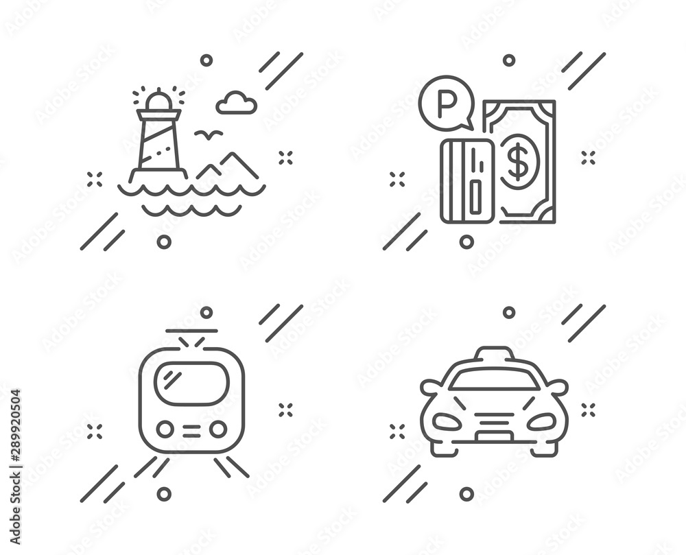 Parking payment, Train and Lighthouse line icons set. Taxi sign. Paid garage, Tram, Navigation beacon. Public transportation. Transportation set. Line parking payment outline icon. Vector Parking payment, Train and Lighthouse line icons set. Taxi sign. Paid garage, Tram, Navigation beacon. Public transportation. Transportation set. Line parking payment outline icon. Vector