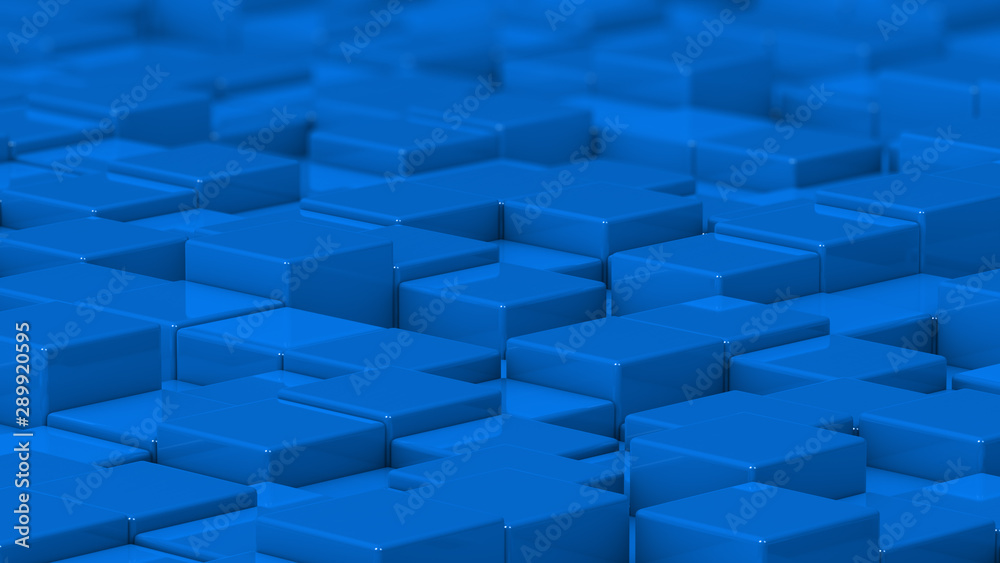 Grid of blue cubes. Medium shot. 3D computer generated background image.