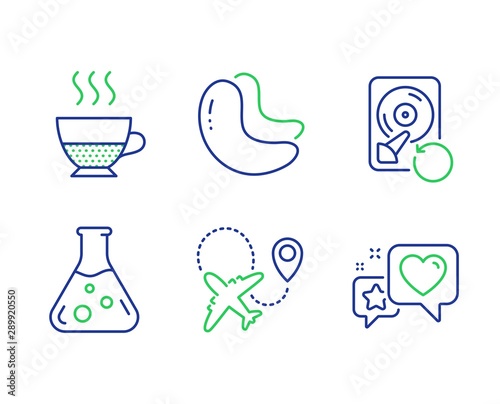 Cashew nut, Chemistry lab and Airplane line icons set. Recovery hdd, Doppio and Heart signs. Vegetarian food, Laboratory, Plane. Backup info. Line cashew nut outline icons. Vector