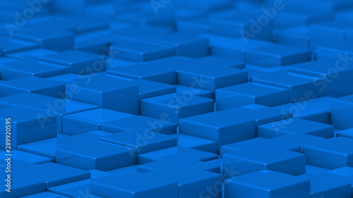 Grid of blue cubes. Medium shot. 3D computer generated background image.