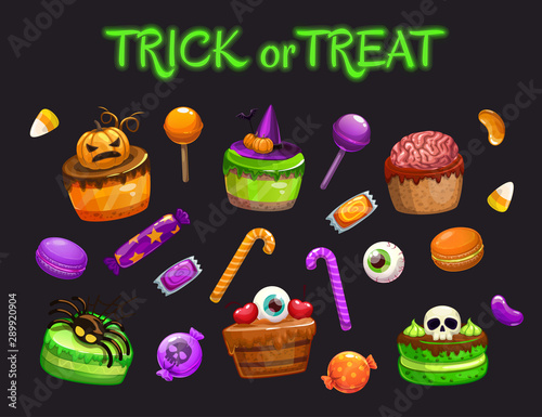 Cartoon holiday sweets. Spooky Halloween treats set.
