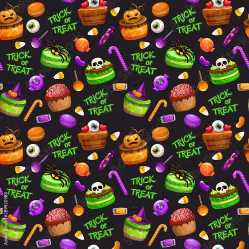 Seamless pattern with cartoon spooky traditional Halloween sweets on black background.